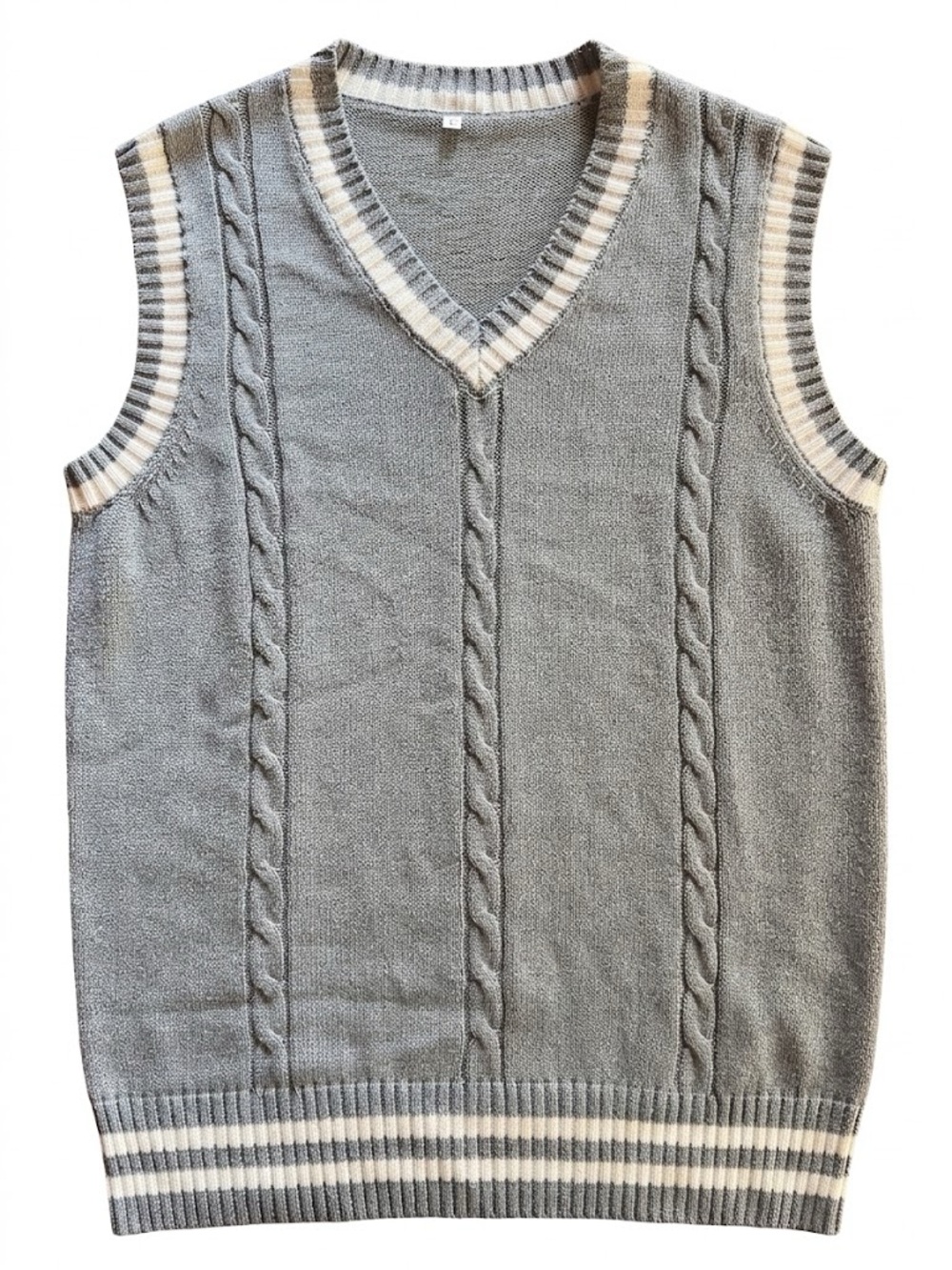 Women's Grey Cable Knit V-Neck Sweater Vest - Lightweight Layering